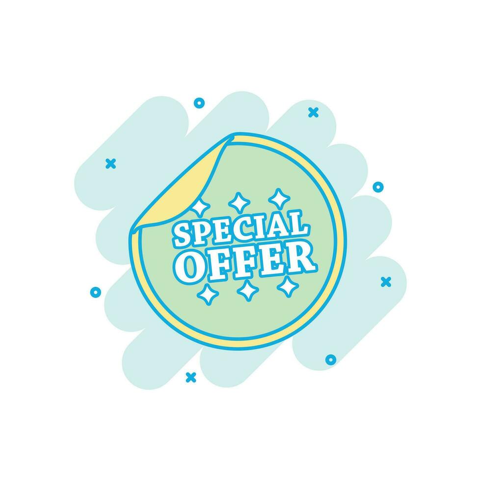 Cartoon colored special offer sticker icon in comic style. Shopping illustration pictogram. Special offer sign splash business concept. vector