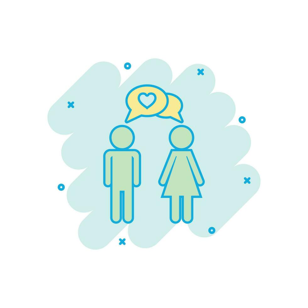 Cartoon colored man and woman with heart icon in comic style. Love people illustration pictogram. Relations sign splash business concept. vector