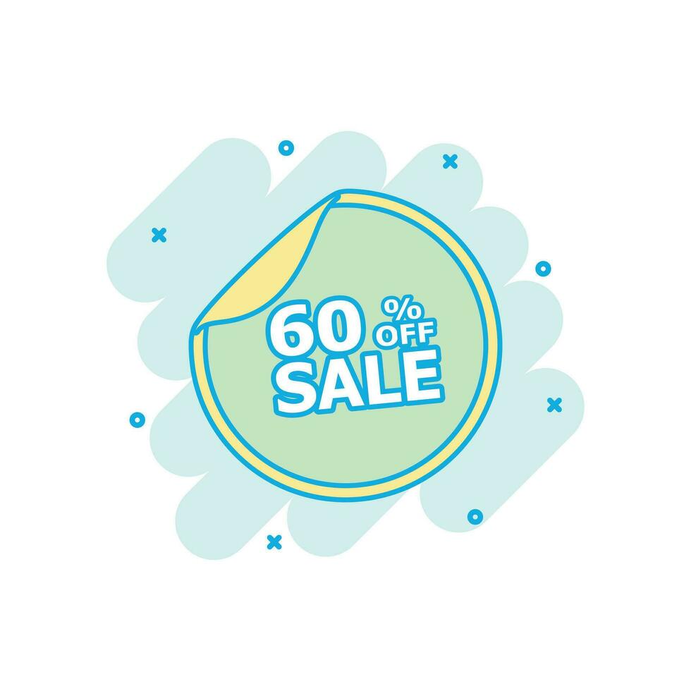 Cartoon colored sale sticker 60 percent off icon in comic style. Shopping illustration pictogram. Sale sign splash business concept. vector