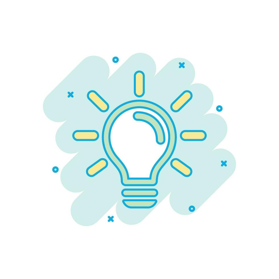 Cartoon colored light bulb icon in comic style. Idea illustration pictogram. Lightbulb sign splash business concept. vector