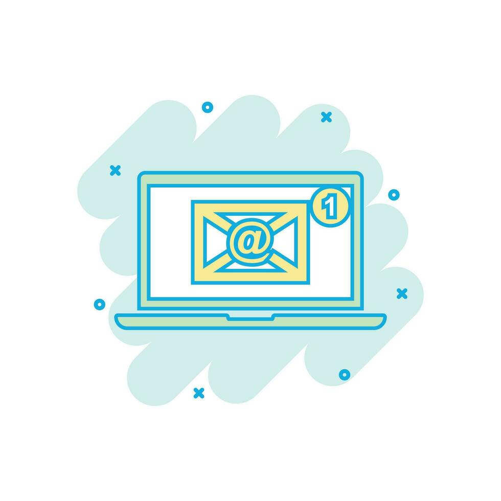dibujos animados de colores correo electrónico sobre mensaje en ordenador portátil icono en cómic estilo. correo ilustración pictograma. sobre firmar chapoteo negocio concepto. vector
