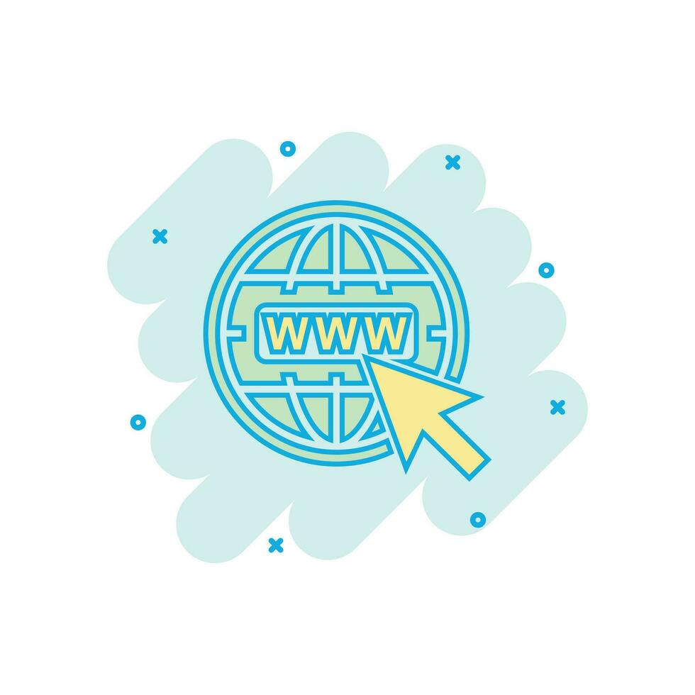 Cartoon colored go to web icon in comic style. Globe world illustration pictogram. WWW url sign splash business concept. vector