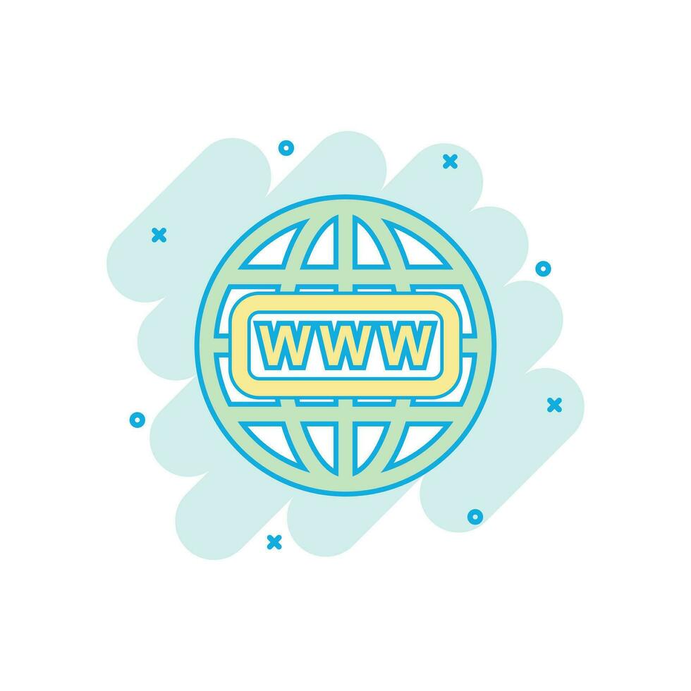 Cartoon colored go to web icon in comic style. Globe world illustration pictogram. WWW url sign splash business concept. vector