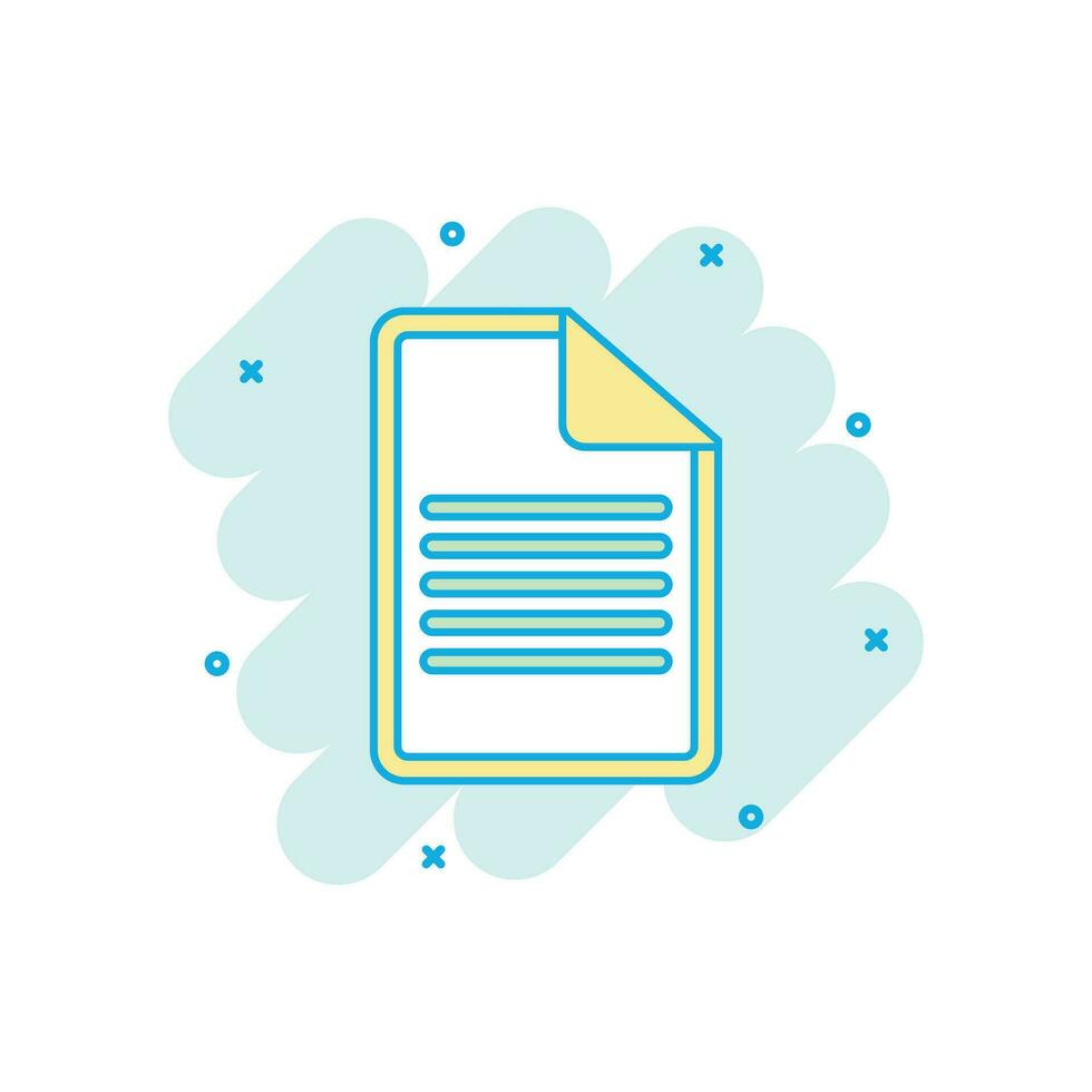 Cartoon colored document icon in comic style. Paper page illustration pictogram. Note sign splash business concept. vector