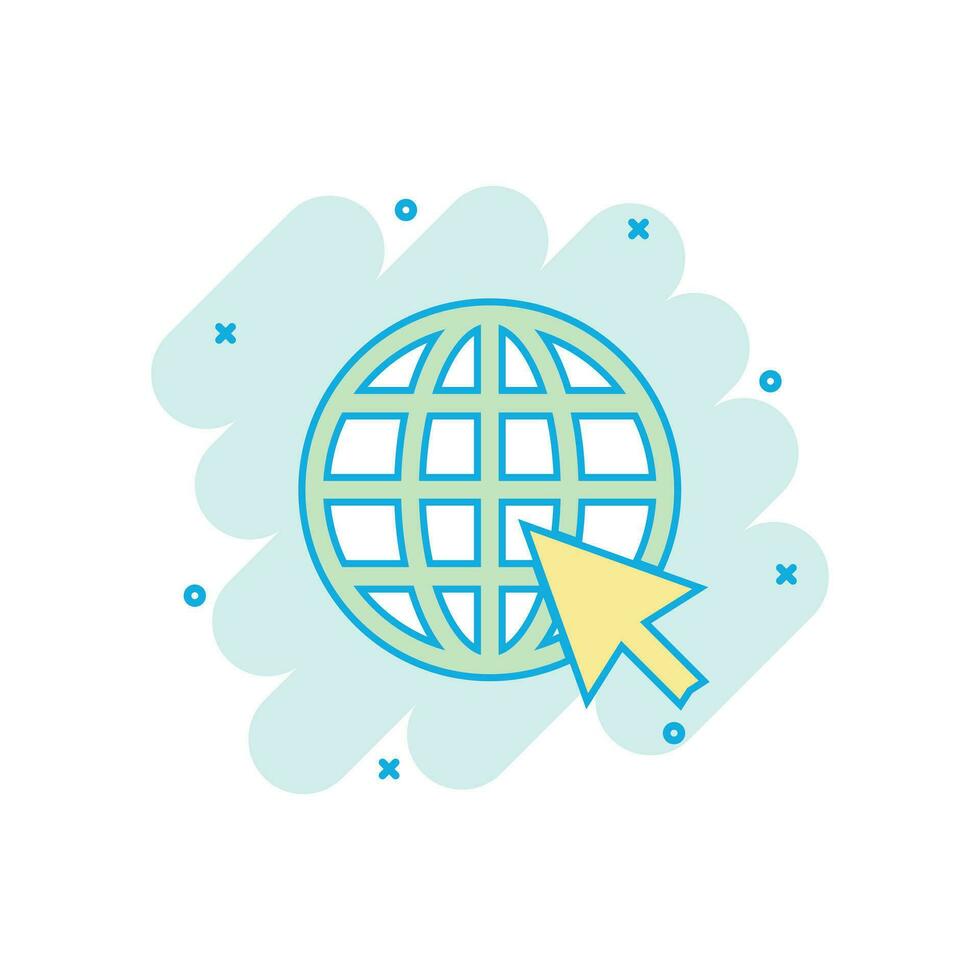 Cartoon colored go to web icon in comic style. Globe world illustration pictogram. WWW url sign splash business concept. vector