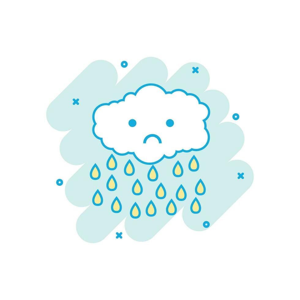 Cartoon colored cloud with rain icon in comic style. Clouds illustration pictogram. Rain sign splash business concept. vector