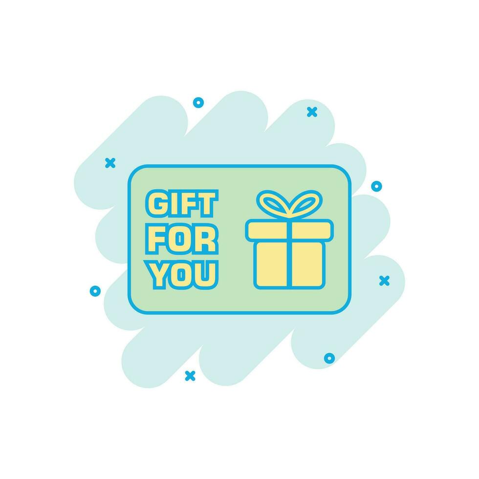 Cartoon colored gift card icon in comic style. Gift voucher present illustration pictogram. Discount coupon sign splash business concept. vector