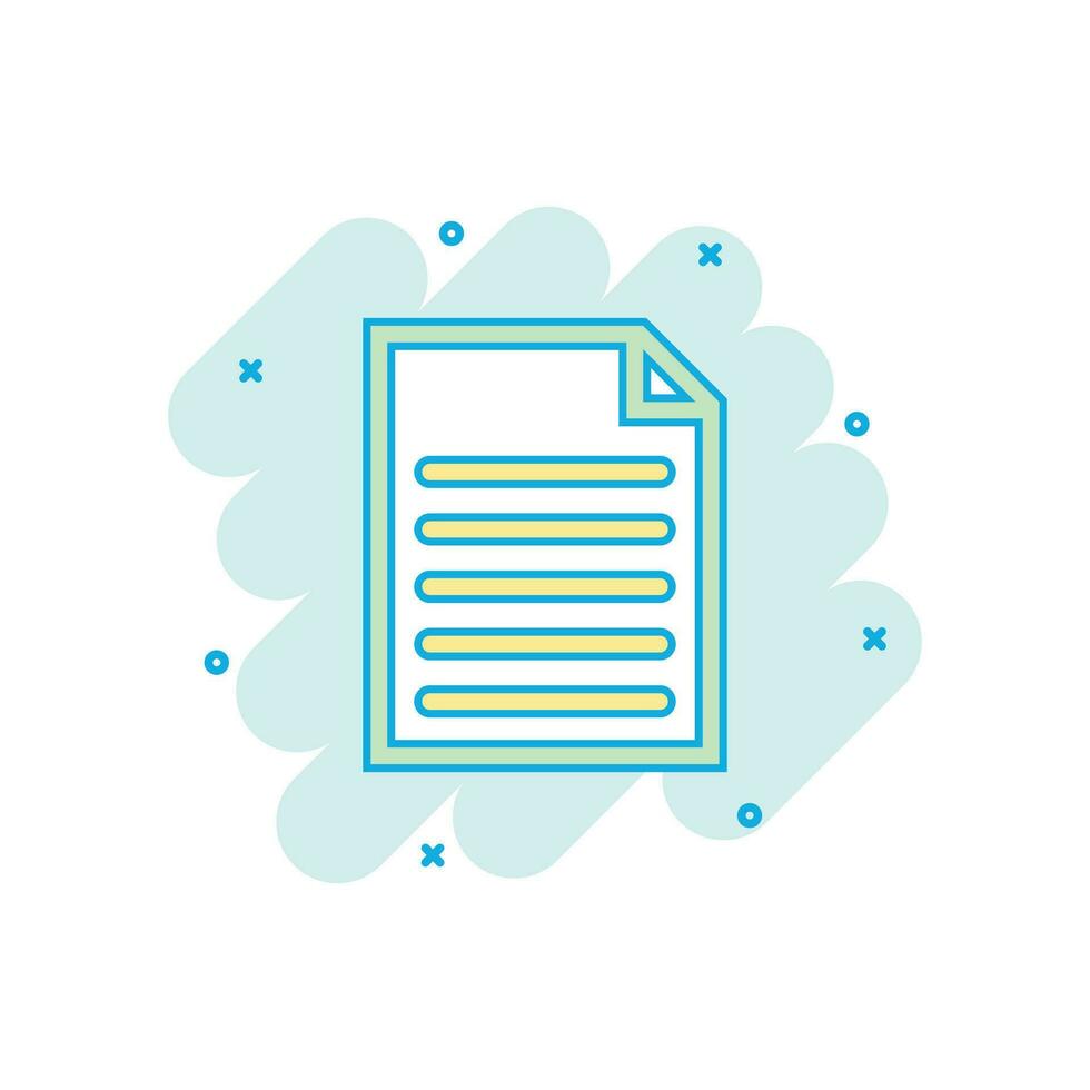 Cartoon colored document icon in comic style. Paper page illustration pictogram. Note sign splash business concept. vector