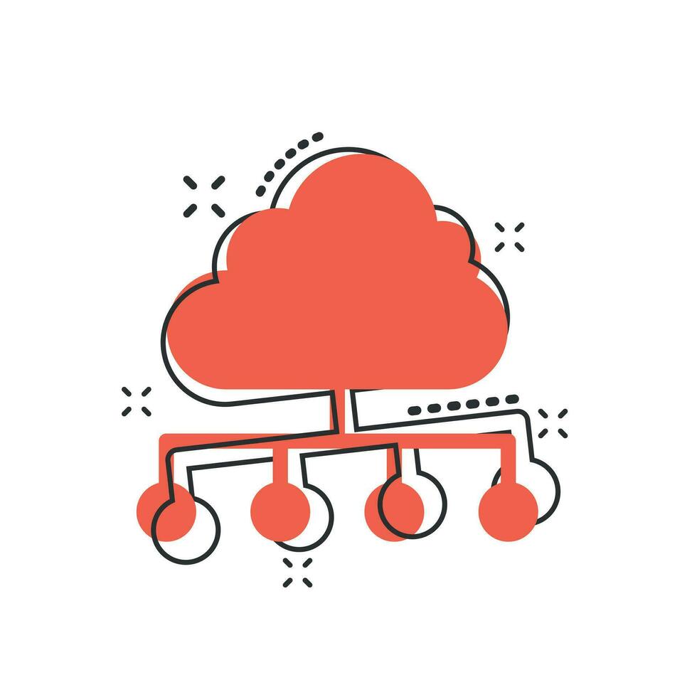 icono de tecnología de computación en nube de dibujos animados vectoriales en estilo cómico. pictograma de ilustración de análisis infográfico. concepto de efecto de salpicadura de negocio de red. vector