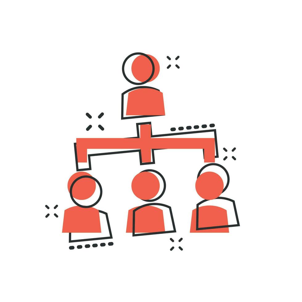 icono de gráfico de organización corporativa de personas de dibujos animados vectoriales en estilo cómico. Pictograma de ilustración del concepto de cooperación de personas. concepto de efecto de salpicadura de negocio de trabajo en equipo. vector