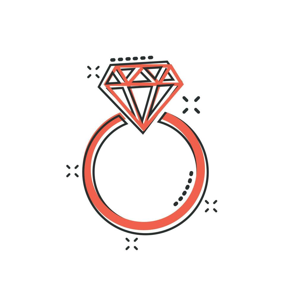 anillo de compromiso de dibujos animados vectoriales con icono de diamante en estilo cómico. pictograma de ilustración de anillo de joyería de boda. concepto de efecto de salpicadura de negocio de relación romántica. vector