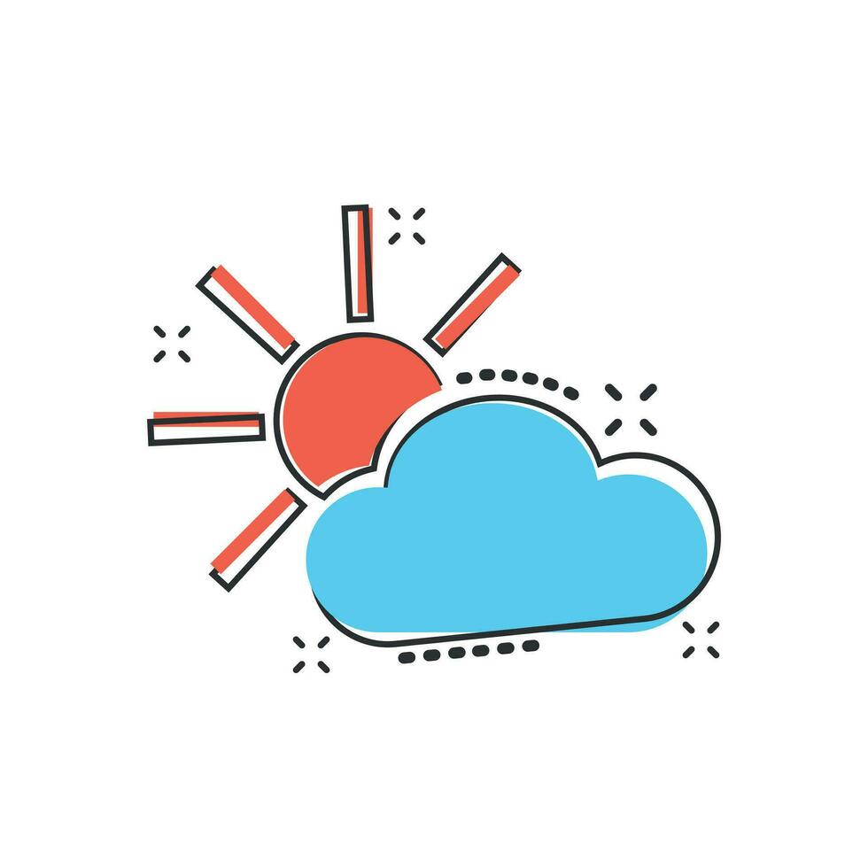 icono de pronóstico del tiempo de dibujos animados vectoriales en estilo cómico. sol con pictograma de ilustración de concepto de nubes. concepto de efecto de salpicadura de negocio en la nube. vector