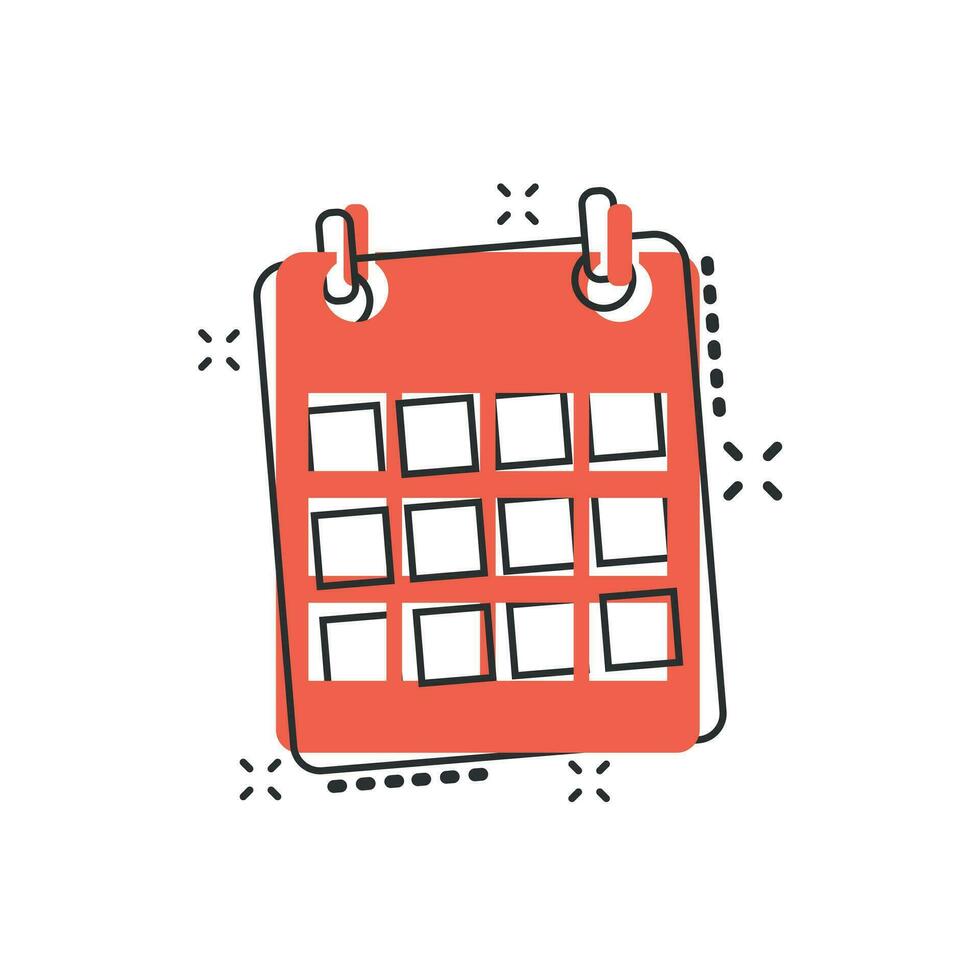 icono de agenda de calendario de dibujos animados vectoriales en estilo cómico. pictograma de ilustración de recordatorio. concepto de efecto de salpicadura de fecha de calendario. vector