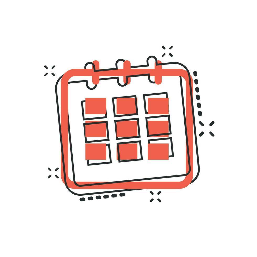 icono de agenda de calendario de dibujos animados vectoriales en estilo cómico. pictograma de ilustración de recordatorio. concepto de efecto de salpicadura de fecha de calendario. vector