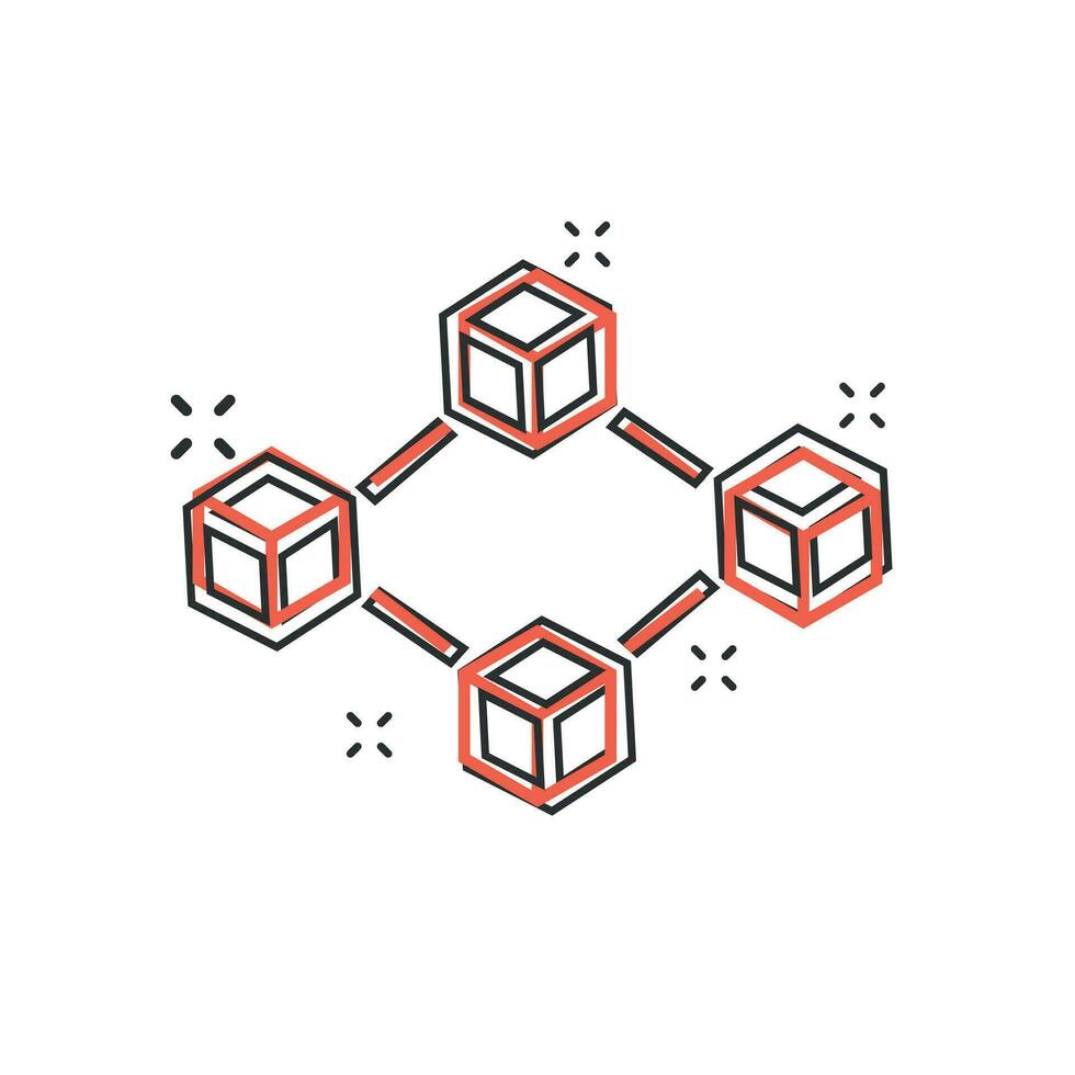 Vector cartoon blockchain technology icon in comic style. Cryptography cube block concept illustration pictogram. Blockchain algorithm business splash effect concept.