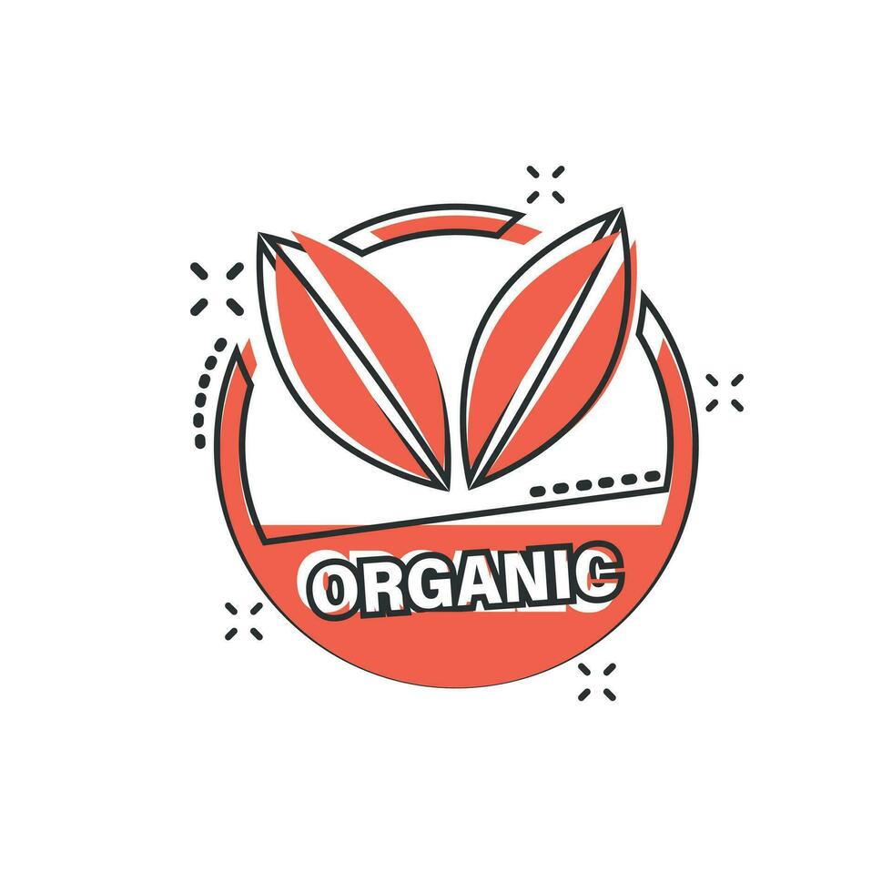 Vector cartoon vegan organic badge icon in comic style. Eco bio product stamp concept illustration pictogram. Eco natural food business splash effect concept.