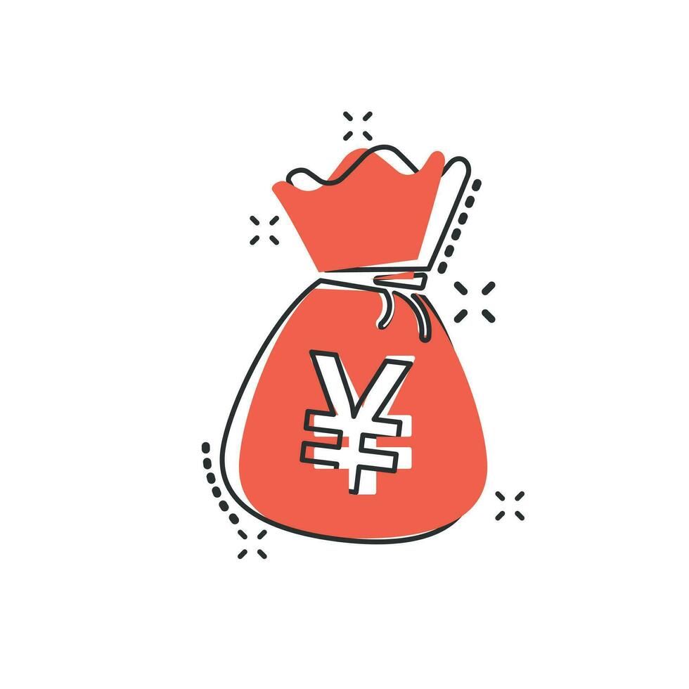 Vector cartoon yen, yuan bag money currency icon in comic style. Yen coin sack concept illustration pictogram. Asia money business splash effect concept.