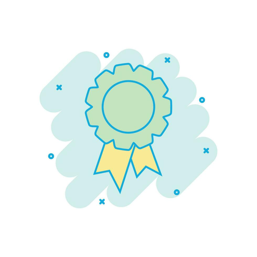 Cartoon colored badge ribbon icon in comic style. Award medal illustration pictogram. Certificate sign splash business concept. vector