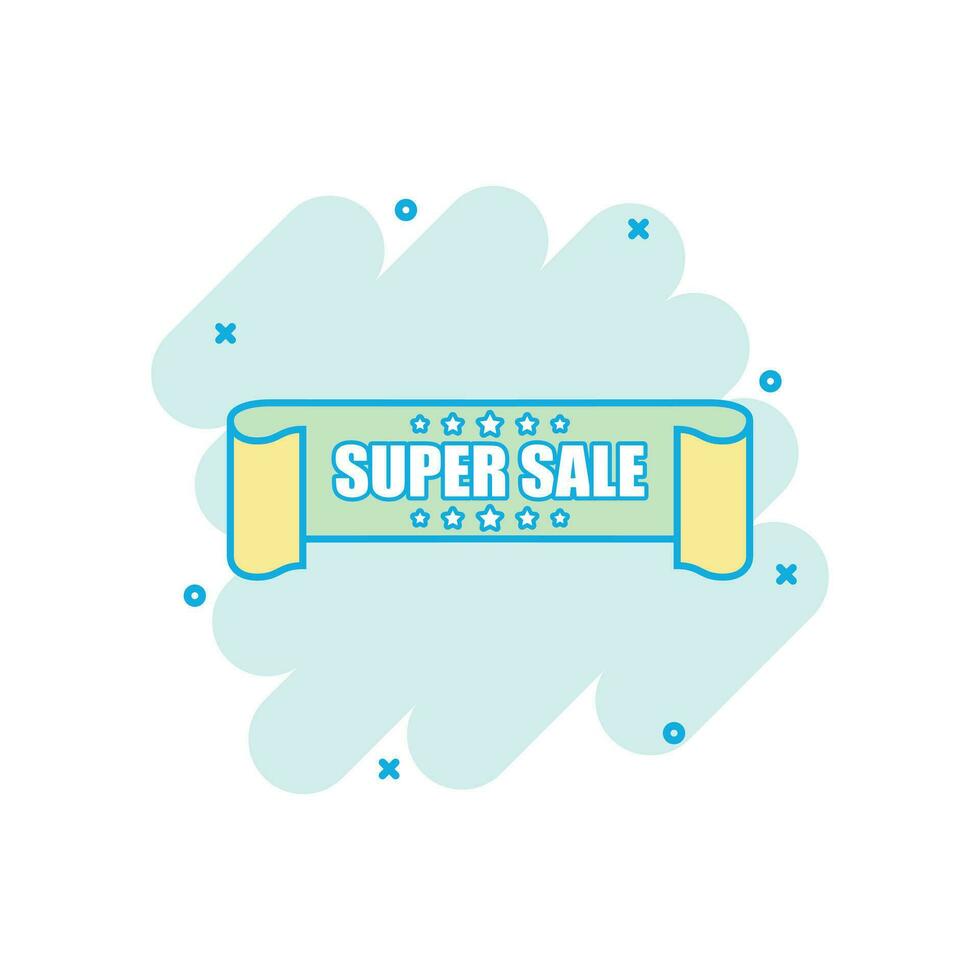 Vector cartoon super sale ribbon icon in comic style. Discount, sale sticker label sign illustration pictogram. Super sale tag business splash effect concept.