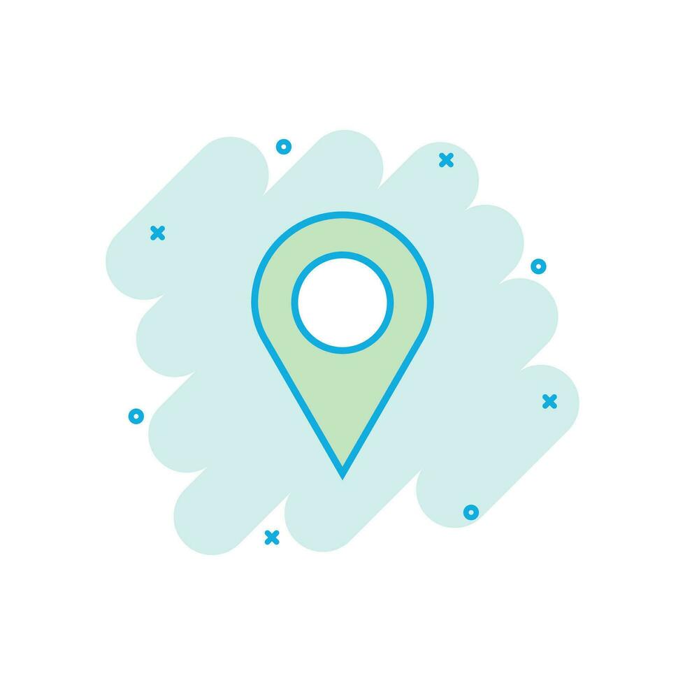 Vector cartoon pin location icon in comic style. Navigation map, gps sign illustration pictogram. Pin business splash effect concept.