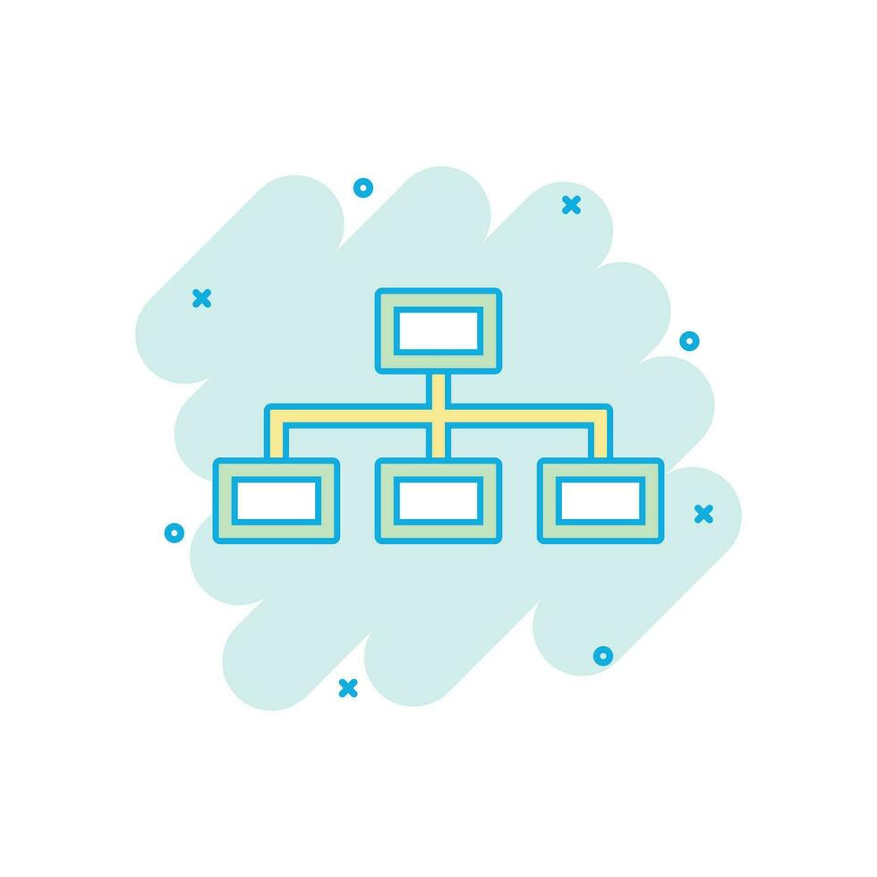 icono de diagrama de estructura de dibujos animados vectoriales en estilo cómico. pictograma de ilustración de signo de organización de gráfico. concepto de efecto de salpicadura de negocio de estructura. vector