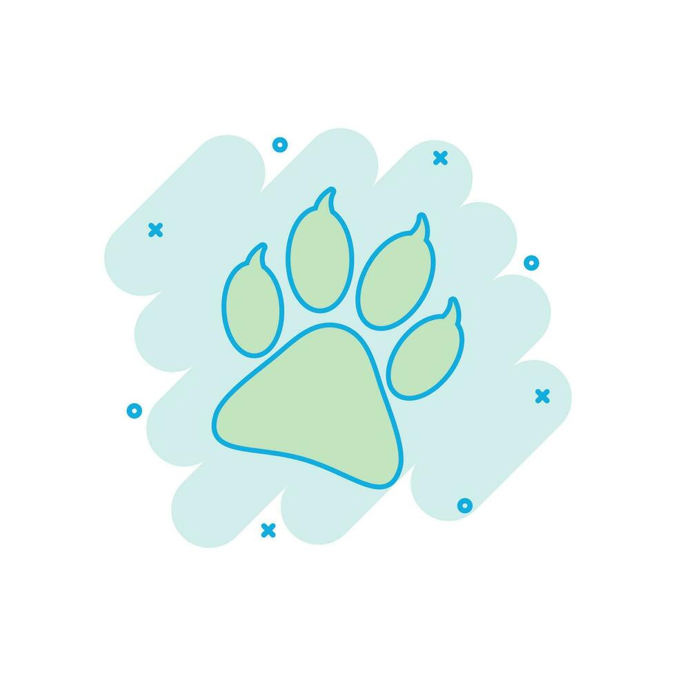 Cartoon colored paw print icon in comic style. Dog, cat, bear paw illustration pictogram. Pawprint sign splash business concept. vector