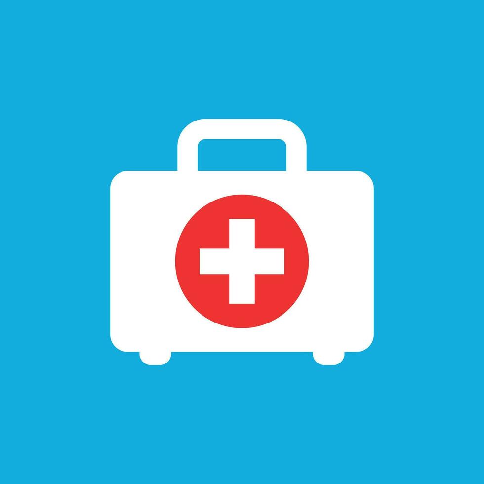 First aid kit icon in flat style. Health, help and medical diagnostics vector illustration on blue isolated background. Doctor bag business concept.