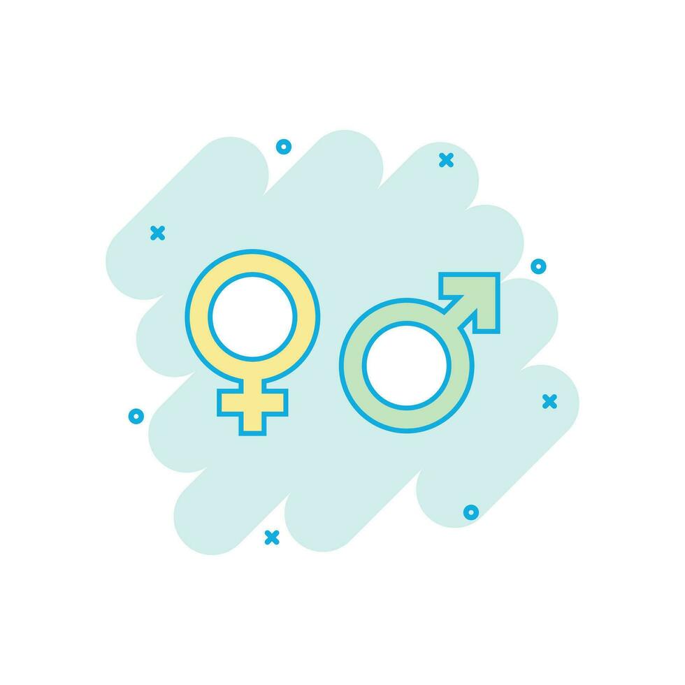 Vector cartoon gender icon in comic style. Men and women sign illustration pictogram. Sex business splash effect concept.