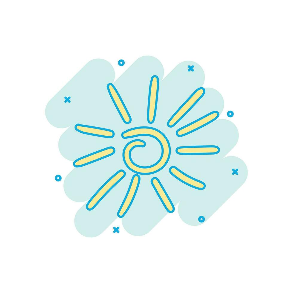 Cartoon colored hand drawn sun icon in comic style. Sunlight illustration pictogram. Sun sign splash business concept. vector