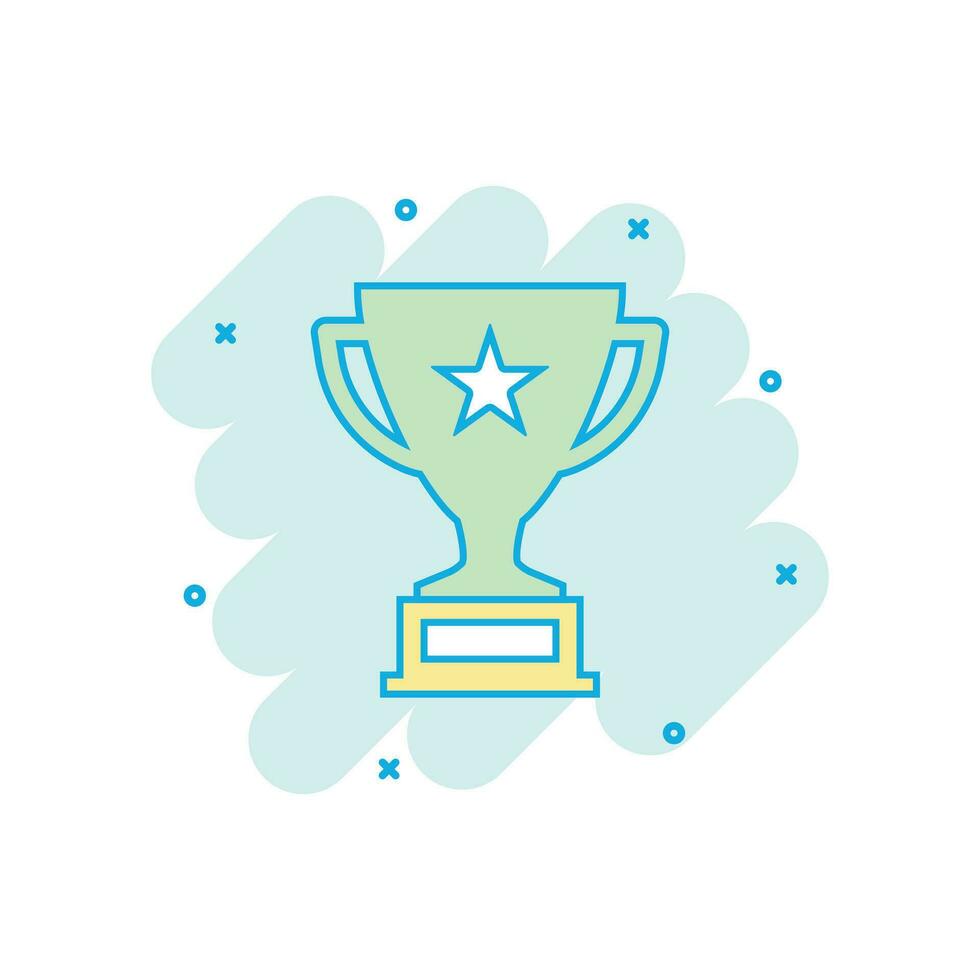 Vector cartoon trophy cup icon in comic style. Winner sign illustration pictogram. Award prize business splash effect concept.