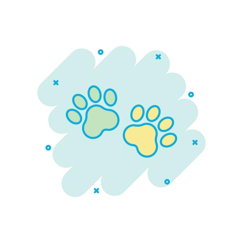 icono de impresión de pata de dibujos animados vectoriales en estilo cómico. pictograma de ilustración de signo de huella de perro o gato. concepto de efecto de salpicadura de negocio animal. vector