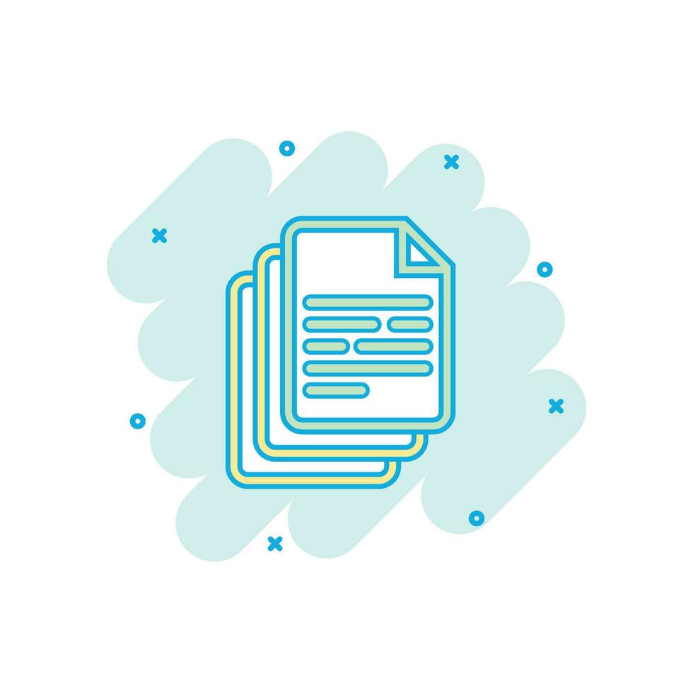 Vector cartoon document icon in comic style. Paper sheet sign illustration pictogram. Document business splash effect concept.