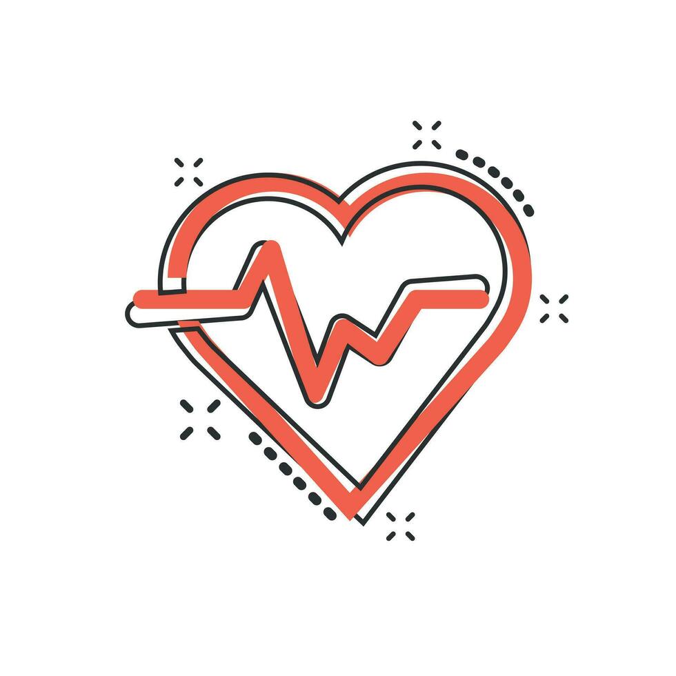 Vector cartoon heartbeat line with heart icon in comic style. Heartbeat concept illustration pictogram. Heart rhythm business splash effect concept.