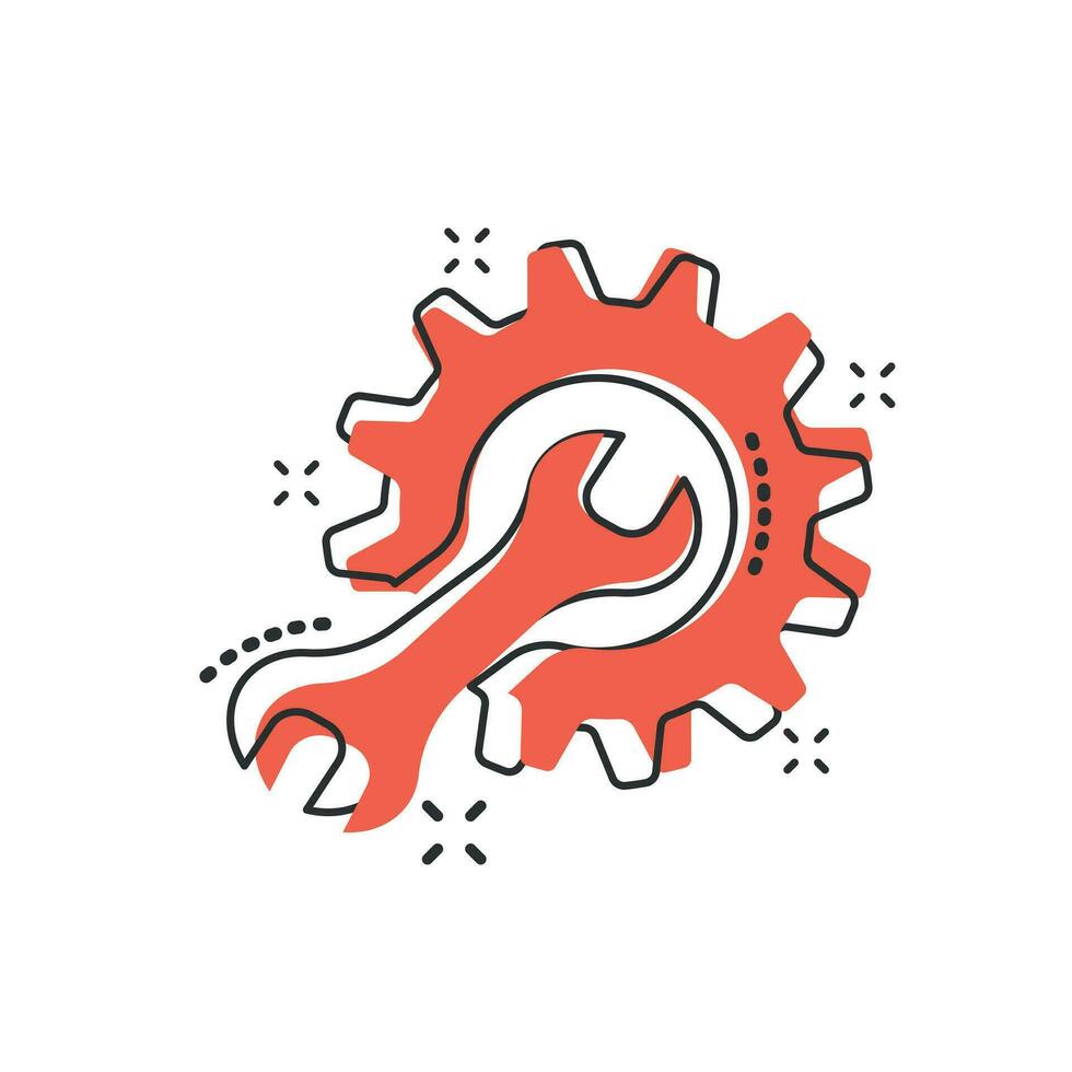 Vector cartoon service tool icon in comic style. Cogwheel with wrench sign illustration pictogram. Workshop business splash effect concept.