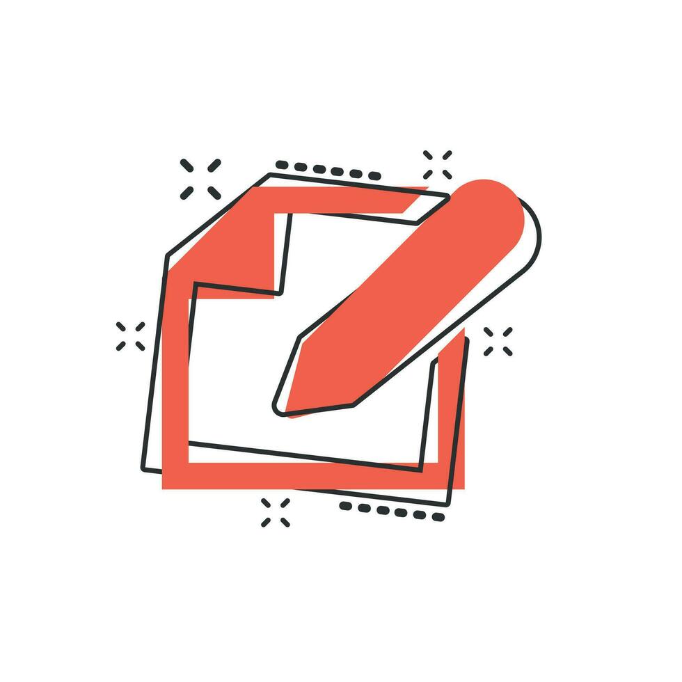 Vector cartoon notepad edit document with pencil icon in comic style. Notepad concept illustration pictogram. Document business splash effect concept.