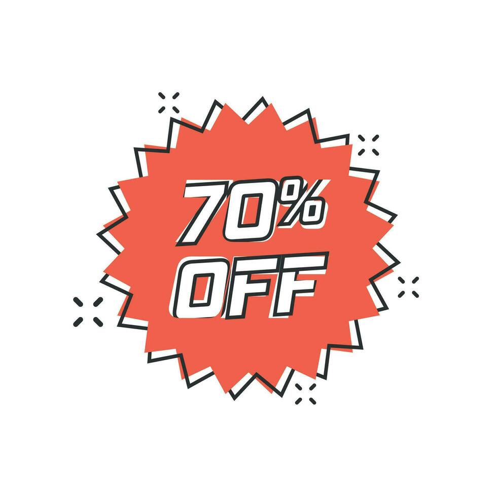 Vector cartoon discount sticker icon in comic style. Sale tag illustration pictogram. Promotion 70 percent discount splash effect concept.