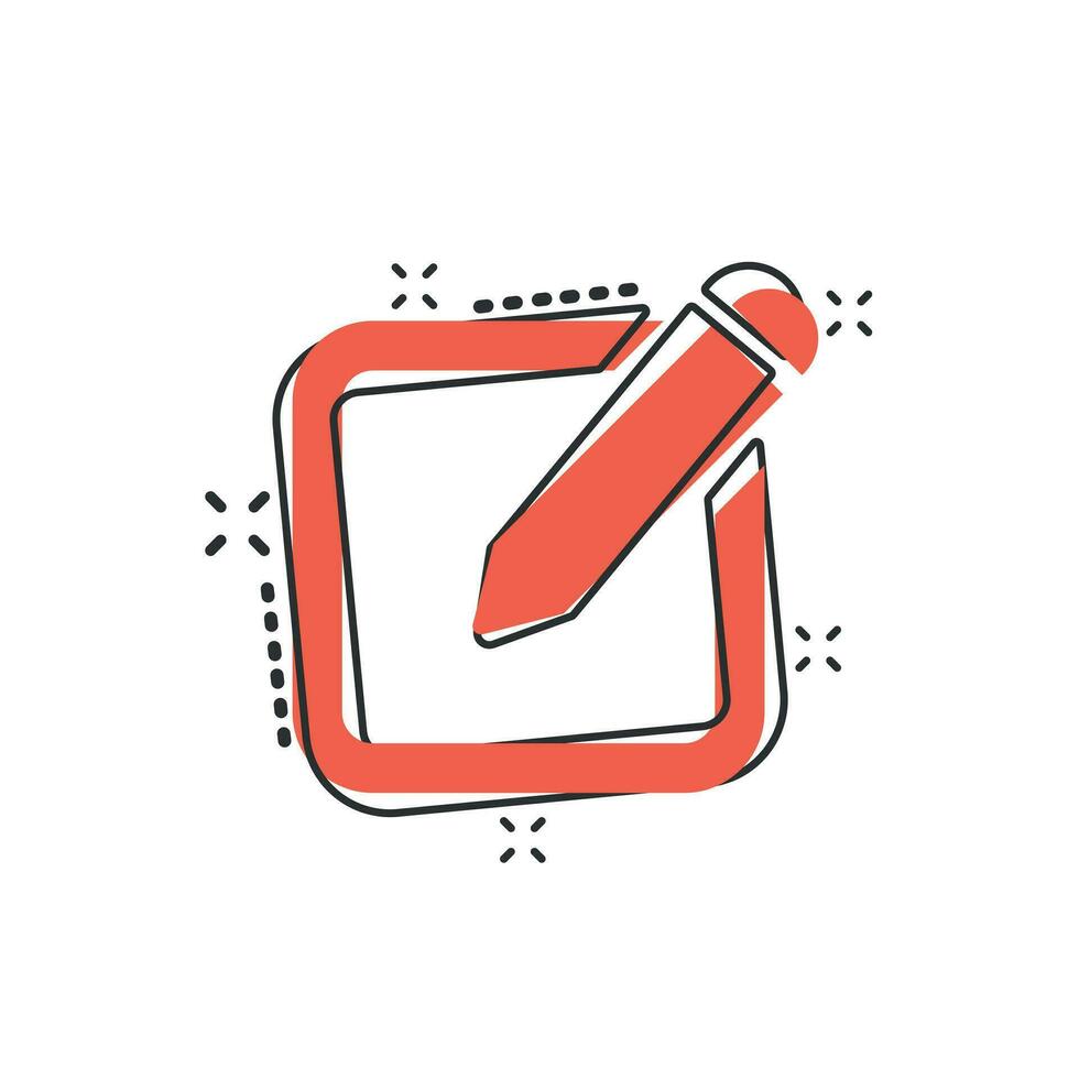Vector cartoon notepad edit document with pencil icon in comic style. Notepad concept illustration pictogram. Document business splash effect concept.