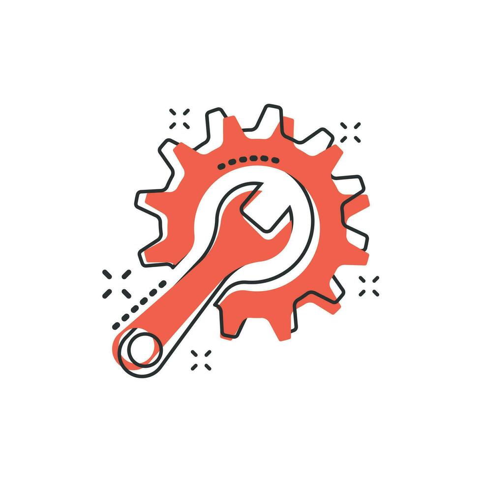 Vector cartoon service tool icon in comic style. Cogwheel with wrench sign illustration pictogram. Workshop business splash effect concept.