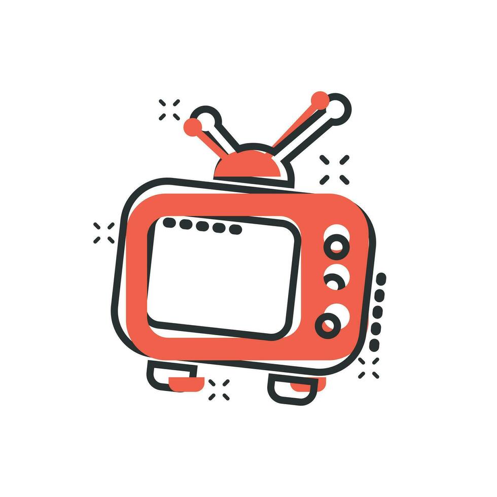 icono de monitor de televisión de dibujos animados vectoriales en estilo cómico. pictograma de ilustración de concepto de pantalla de tv. concepto de efecto de salpicadura de negocio de espectáculos de televisión. vector