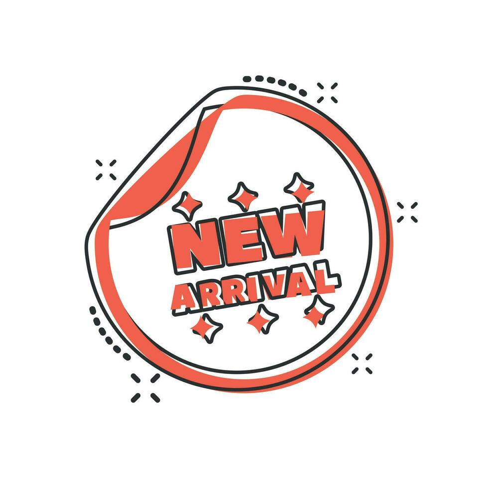 Vector cartoon new arrival shopping icon in comic style. New arrival sign illustration pictogram. Discount business splash effect concept.