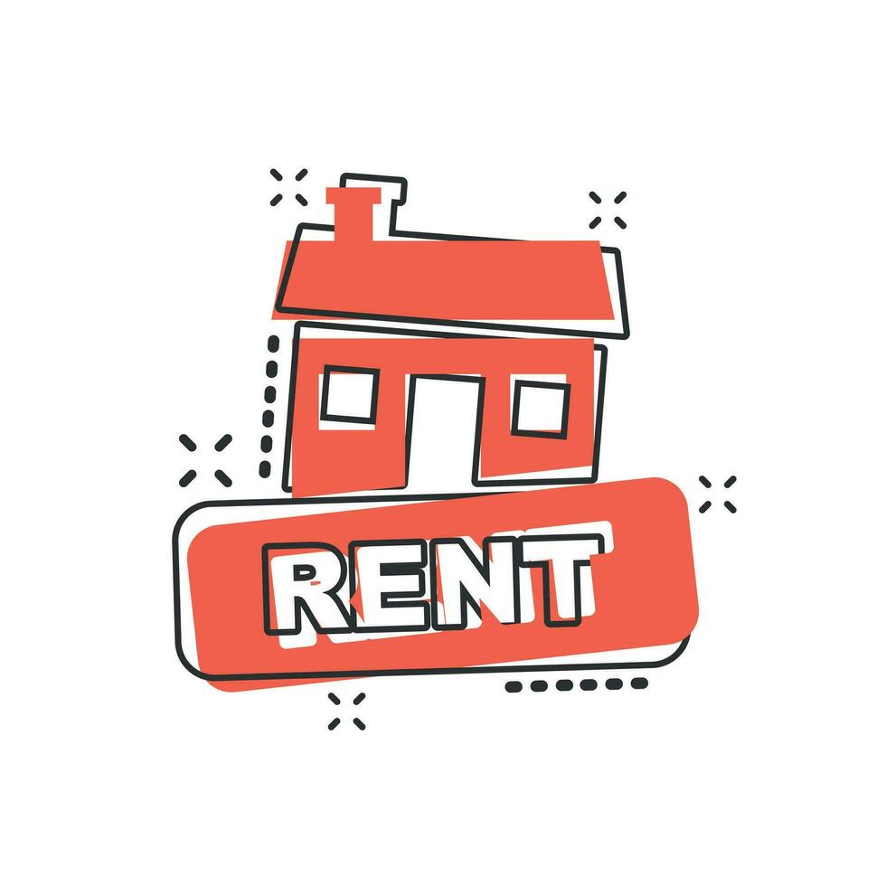 Vector cartoon rent house icon in comic style. Rent sign illustration pictogram. Rental business splash effect concept.