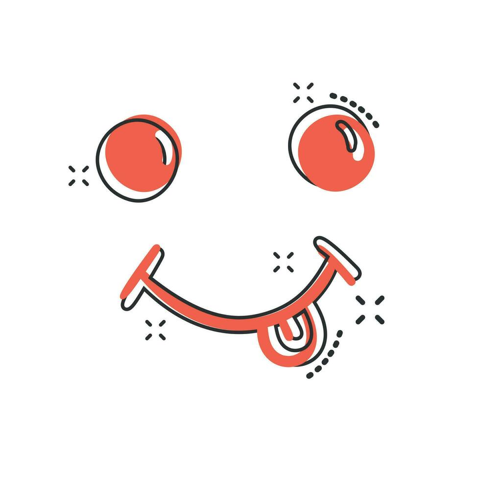 sonrisa de dibujos animados vectoriales con icono de lengua en estilo cómico. pictograma de ilustración de signo de cara de sonrisa. concepto de efecto de salpicadura de negocio de cara divertida. vector