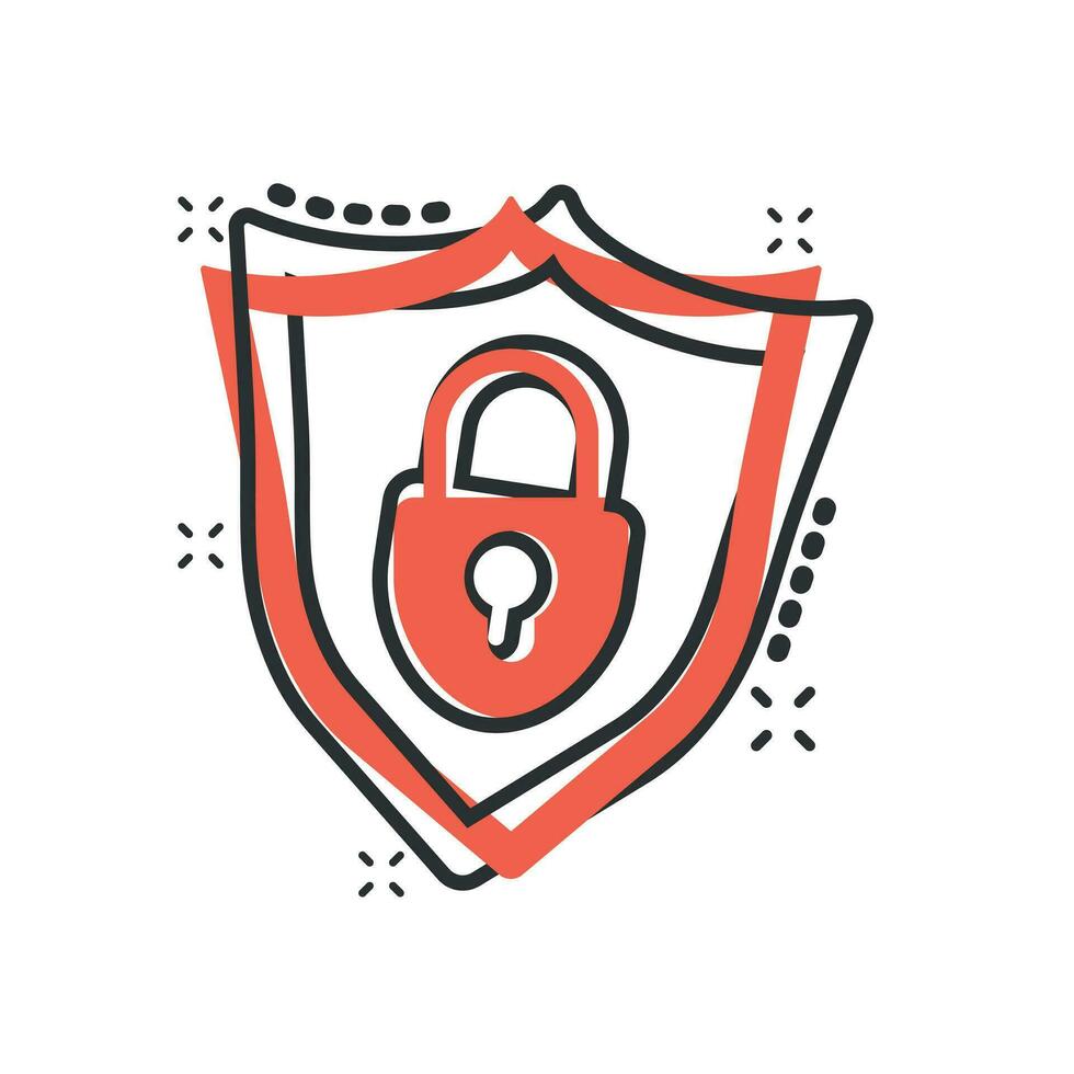 Vector cartoon lock with shield security icon in comic style. Padlock sign illustration pictogram. Shield business splash effect concept.