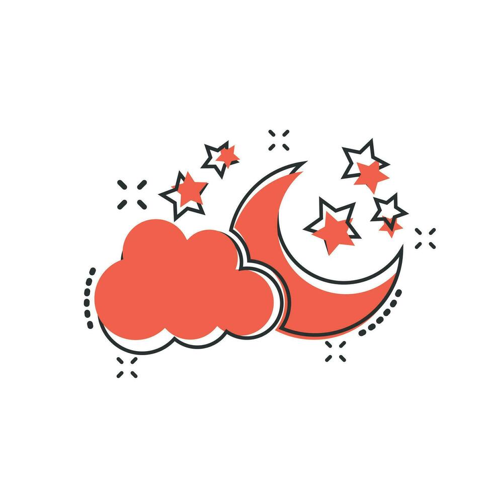 Vector cartoon moon and stars with clods icon in comic style. Nighttime concept illustration pictogram. Cloud, moon business splash effect concept.