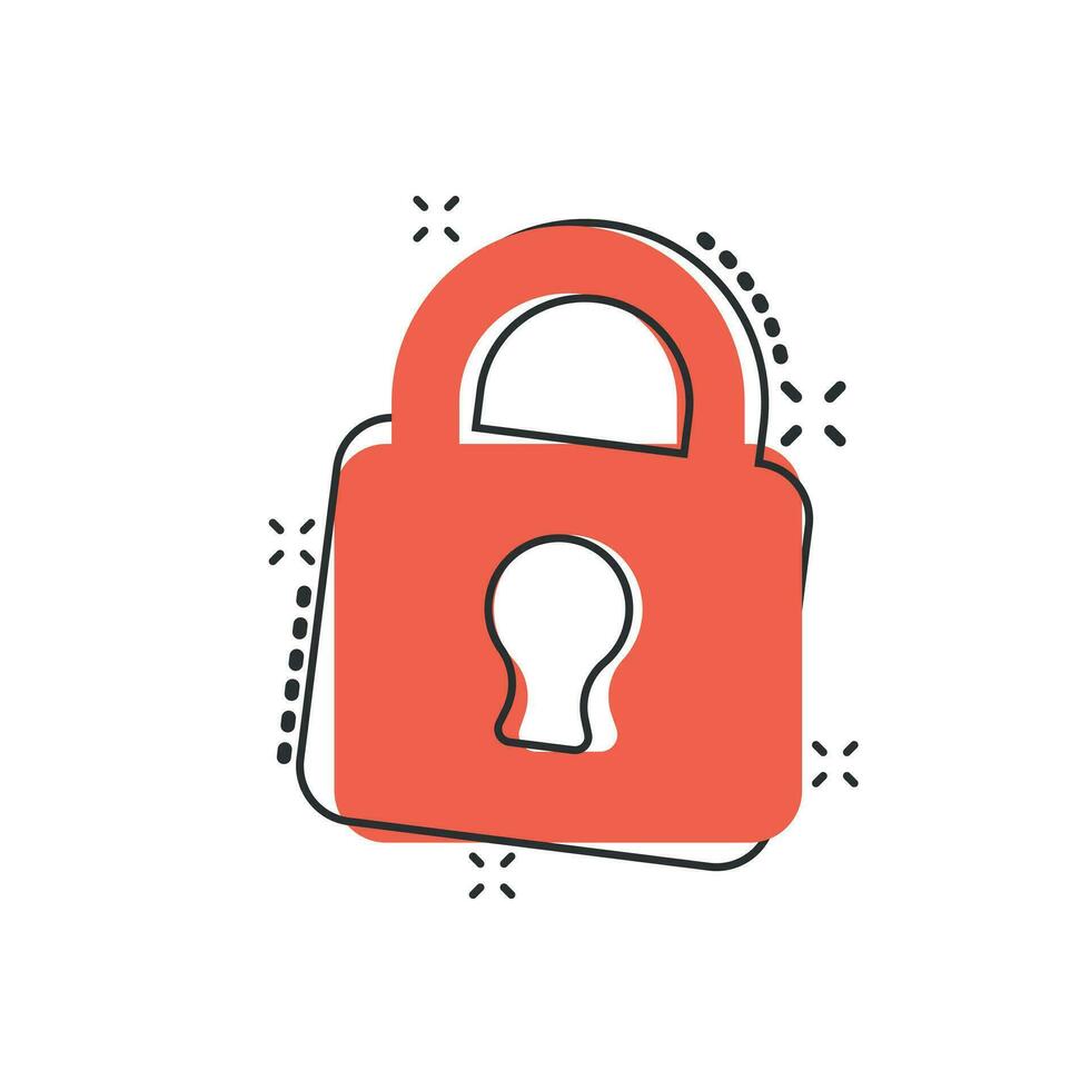 Vector cartoon lock icon in comic style. Padlock locker sign illustration pictogram. Padlock business splash effect concept.