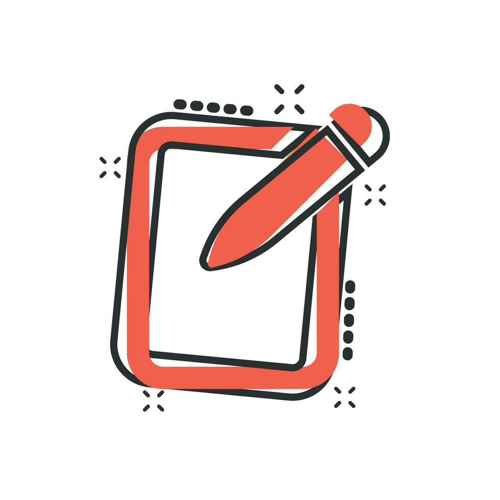 Vector cartoon notepad edit document with pencil icon in comic style. Notepad concept illustration pictogram. Document business splash effect concept.