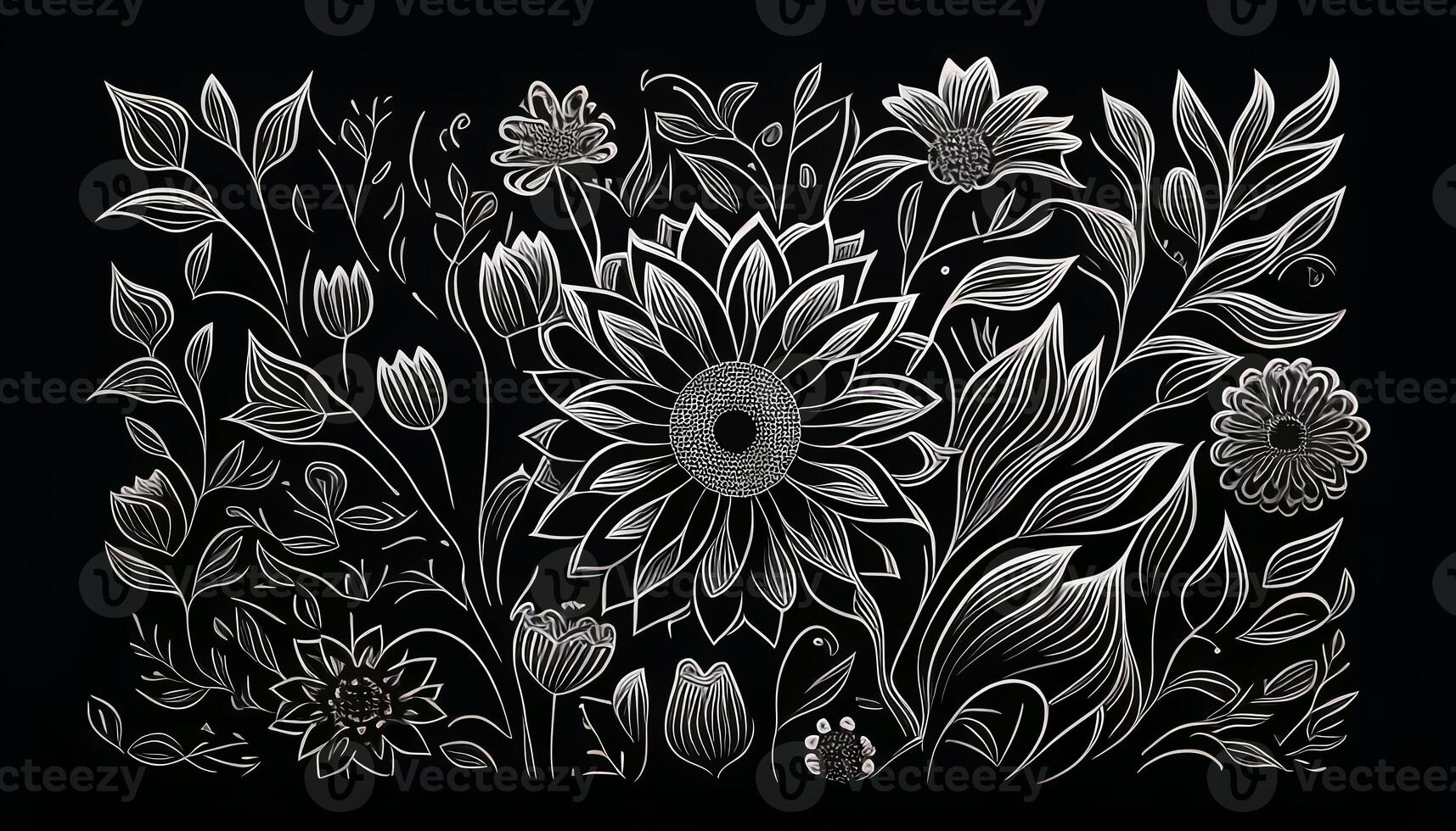 Black and white floral pattern with leaves, flower bouquets. White flowers and black background. photo