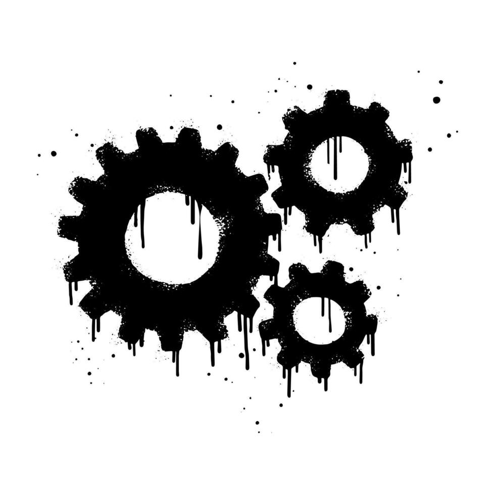 Spray painted graffiti of moving gears wheels in black over white. gear icon drip symbol. isolated on white background. vector illustration