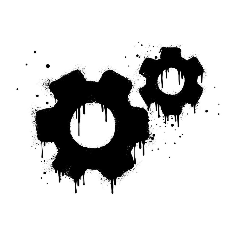 Spray painted graffiti of moving gears wheels in black over white. gear icon drip symbol. isolated on white background. vector illustration