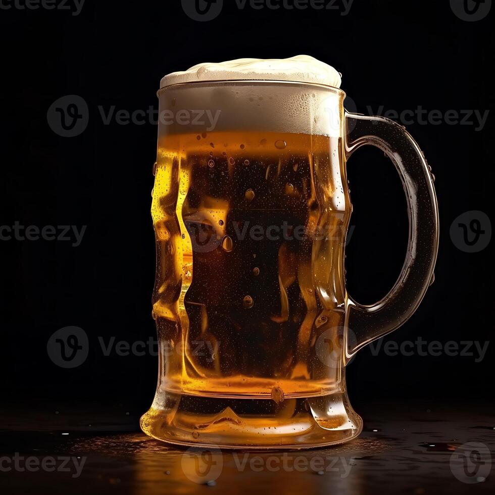 Mug of beer with foam on a black background photo